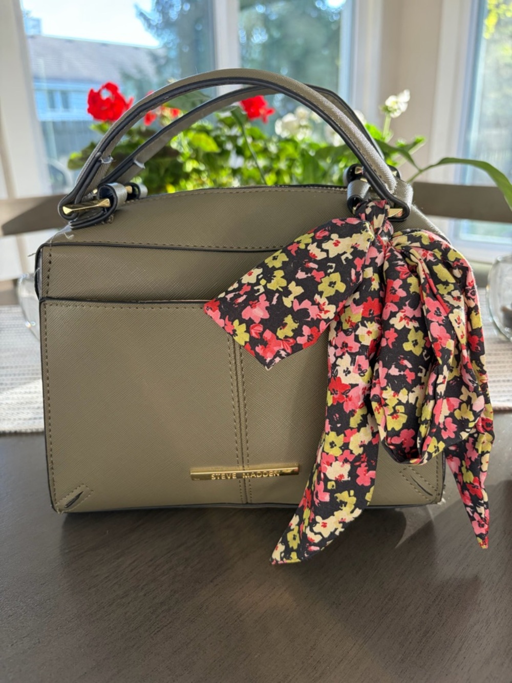 Steve Madden Olive Handbag with Floral Scarf Accent